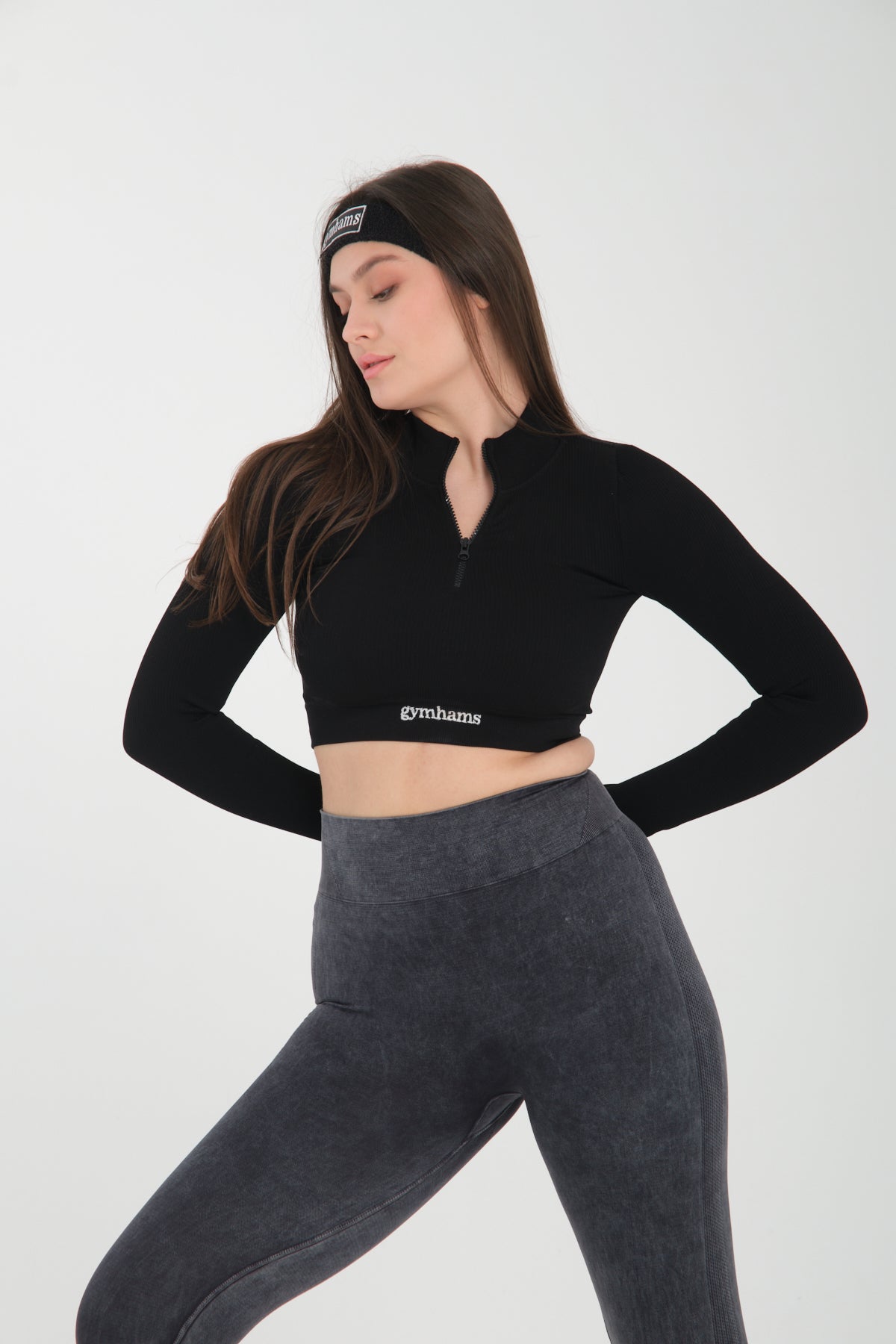 Fermuarlı Siyah Uzun Kollu Parmak Geçirmeli Seamless Spor Fitness Yoga Kadın Crop Top-Sporcu Üst