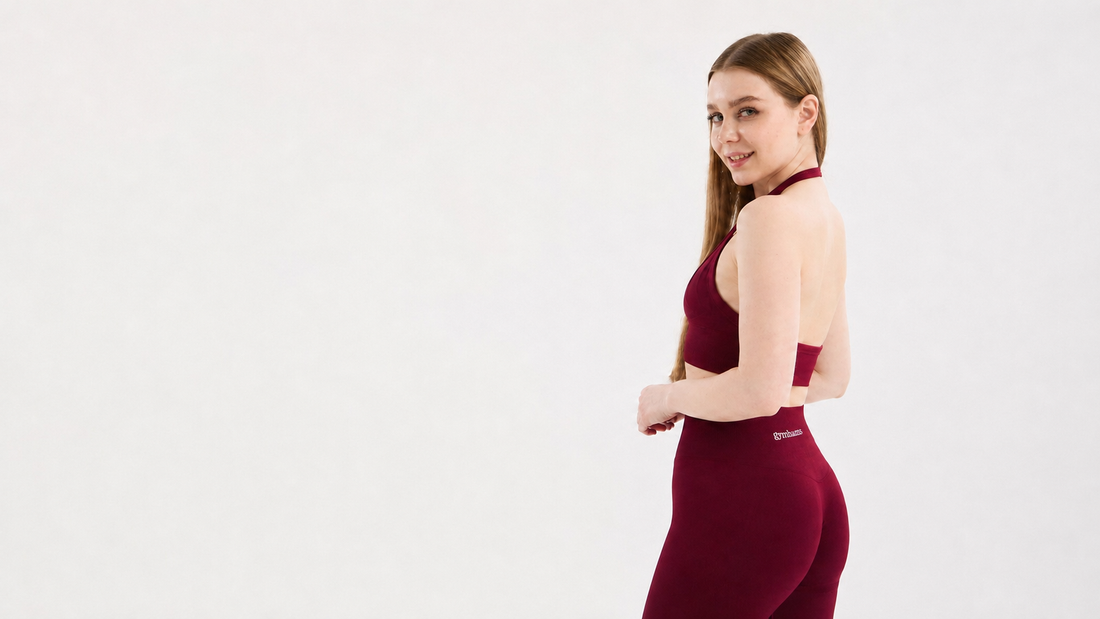 Bordo yüksek bel seamless Gymhams spor tayt giyen kadın model