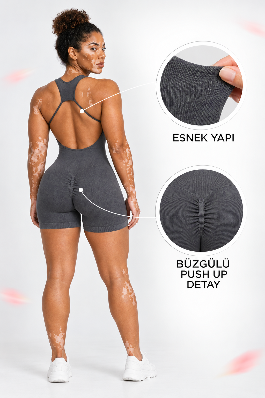 Gri Sırt Dekolteli Spor Tulum/Jumpsuit - Büzgülü & Şortlu