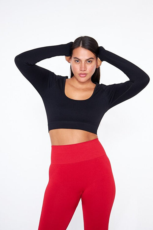 BASKISIZ Siyah Uzun Kollu Parmak Geçime Detaylı Seamless Spor Fitness Yoga Kadın Crop Top-Sporcu Üst