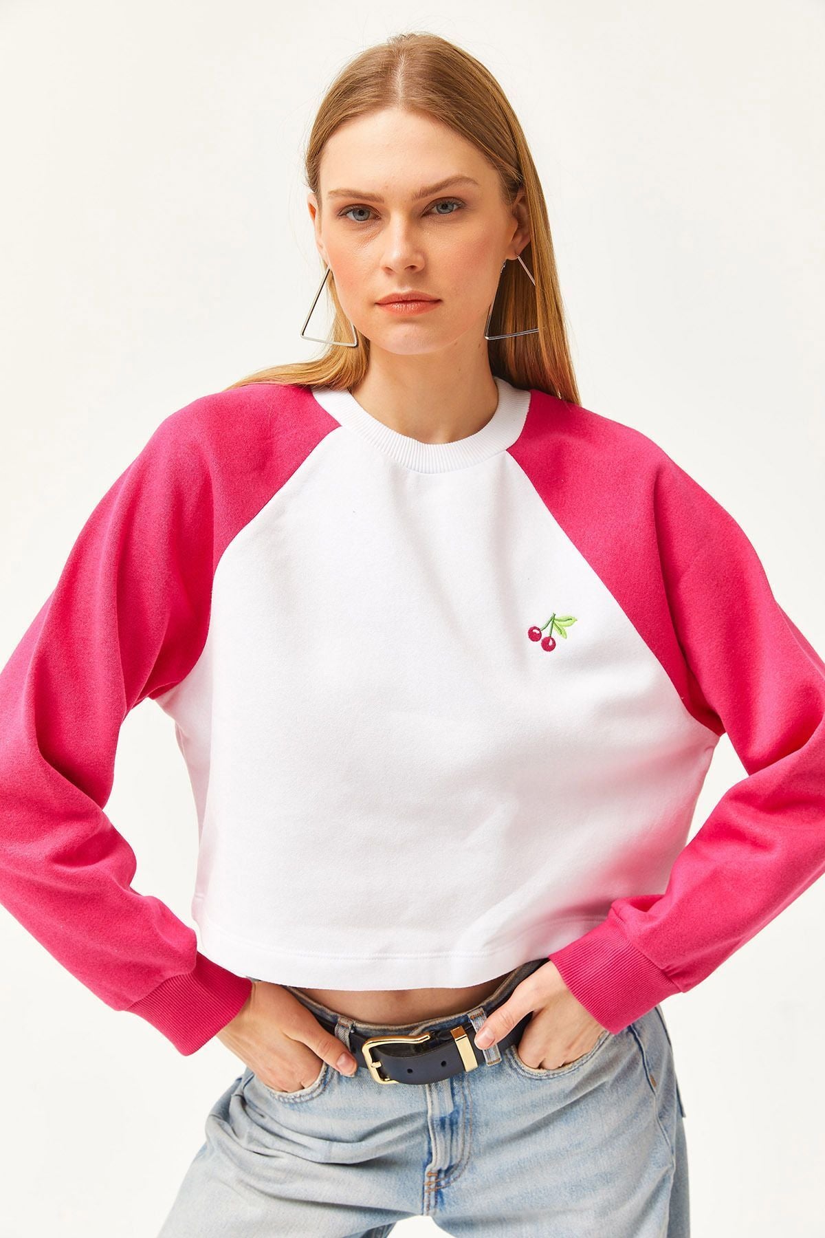 Kadın Oversize Pembe-beyaz Içi Polarlı Şardonlu Nakışlı Pamuklu Kışlık Crop Sıcak Tutan Sweatshirt