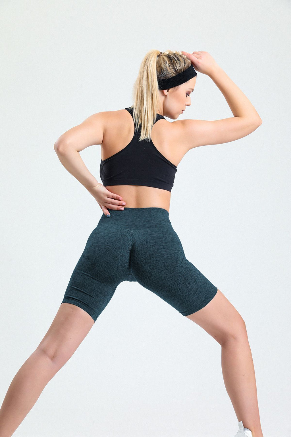 Yeşil/Melanj Biker Boy Büzgülü Toparlayıcı Spor Fitness Yoga Kadın Şort