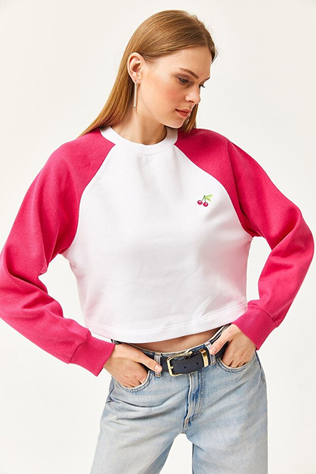 Kadın Oversize Pembe-beyaz Içi Polarlı Şardonlu Nakışlı Pamuklu Kışlık Crop Sıcak Tutan Sweatshirt