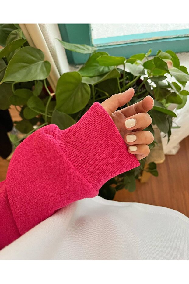 Kadın Oversize Pembe-beyaz Içi Polarlı Şardonlu Nakışlı Pamuklu Kışlık Crop Sıcak Tutan Sweatshirt