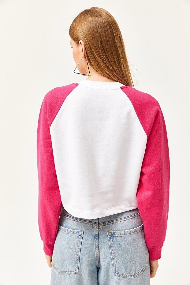 Kadın Oversize Pembe-beyaz Içi Polarlı Şardonlu Nakışlı Pamuklu Kışlık Crop Sıcak Tutan Sweatshirt
