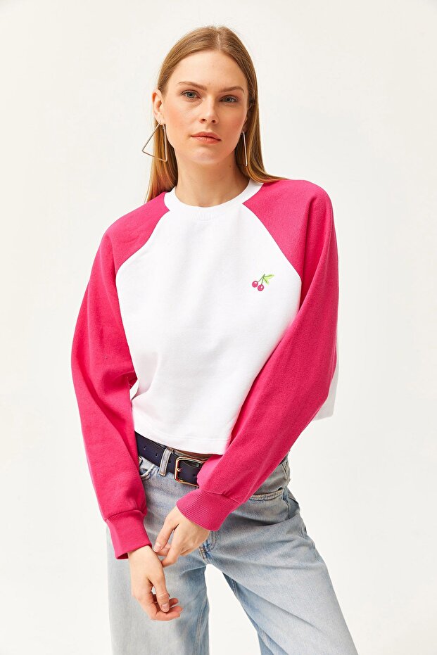 Kadın Oversize Pembe-beyaz Içi Polarlı Şardonlu Nakışlı Pamuklu Kışlık Crop Sıcak Tutan Sweatshirt