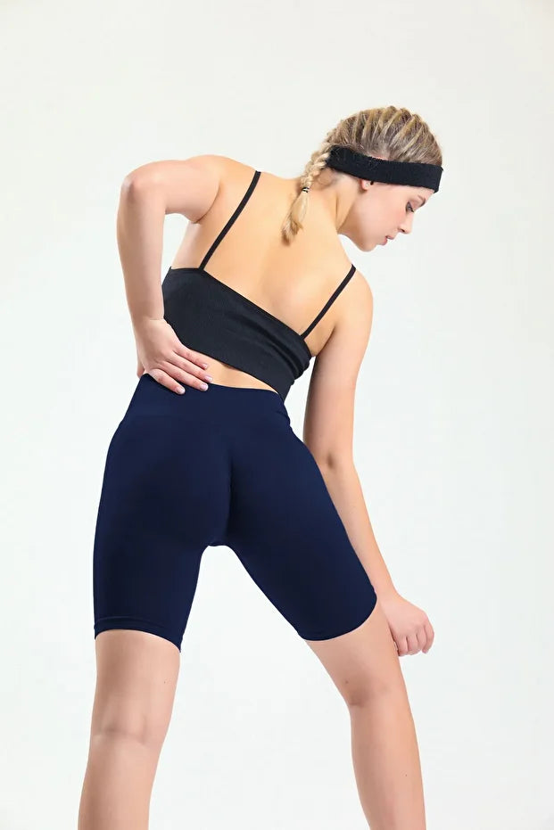 Koyu Lacivert Biker Boy Büzgülü Toparlayıcı Spor Fitness Yoga Kadın Şort