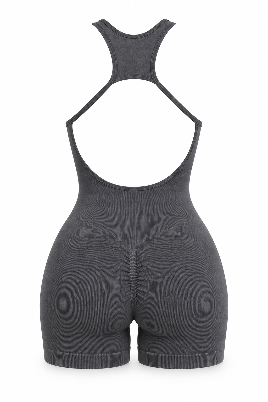 Gri Sırt Dekolteli Spor Tulum/Jumpsuit - Büzgülü & Şortlu