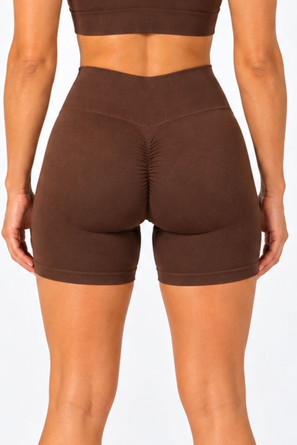 Kahve LineContour Büzgülü Biker Şort Yüksek Bel ve Push Up