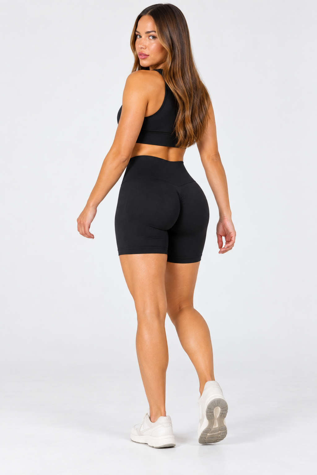 Siyah LineContour Büzgülü Biker Şort Yüksek Bel ve Push Up