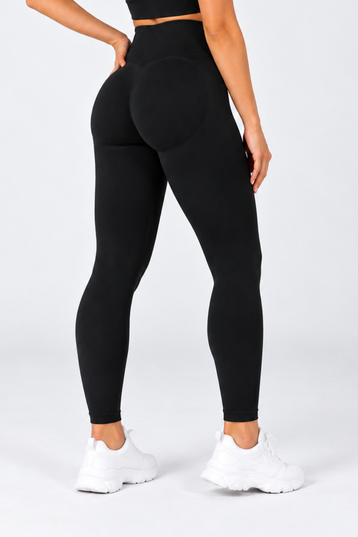 Siyah LineContour Büzgülü Yüksek Bel Seamless Push Up Spor Kadın Tayt