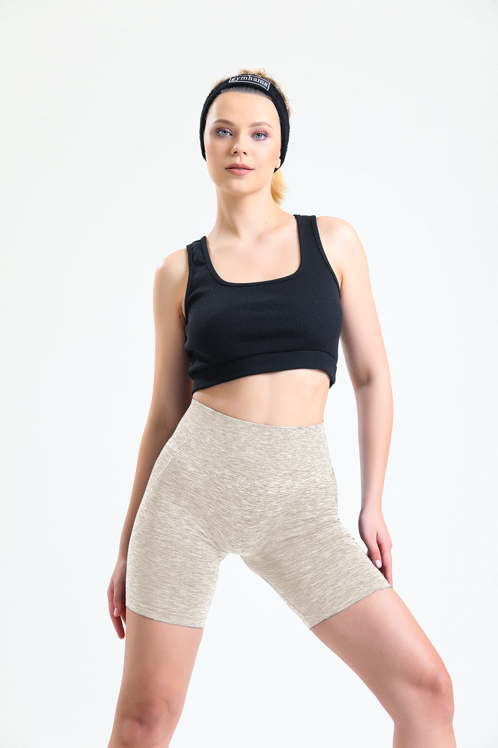 Krem/Bej Biker Boy Büzgülü Toparlayıcı Spor Fitness Yoga Kadın Şort