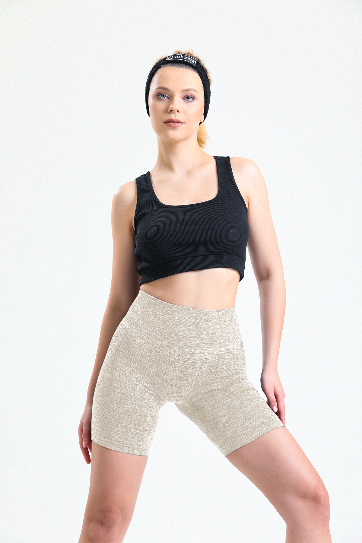 Krem/Bej Biker Boy Büzgülü Toparlayıcı Spor Fitness Yoga Kadın Şort