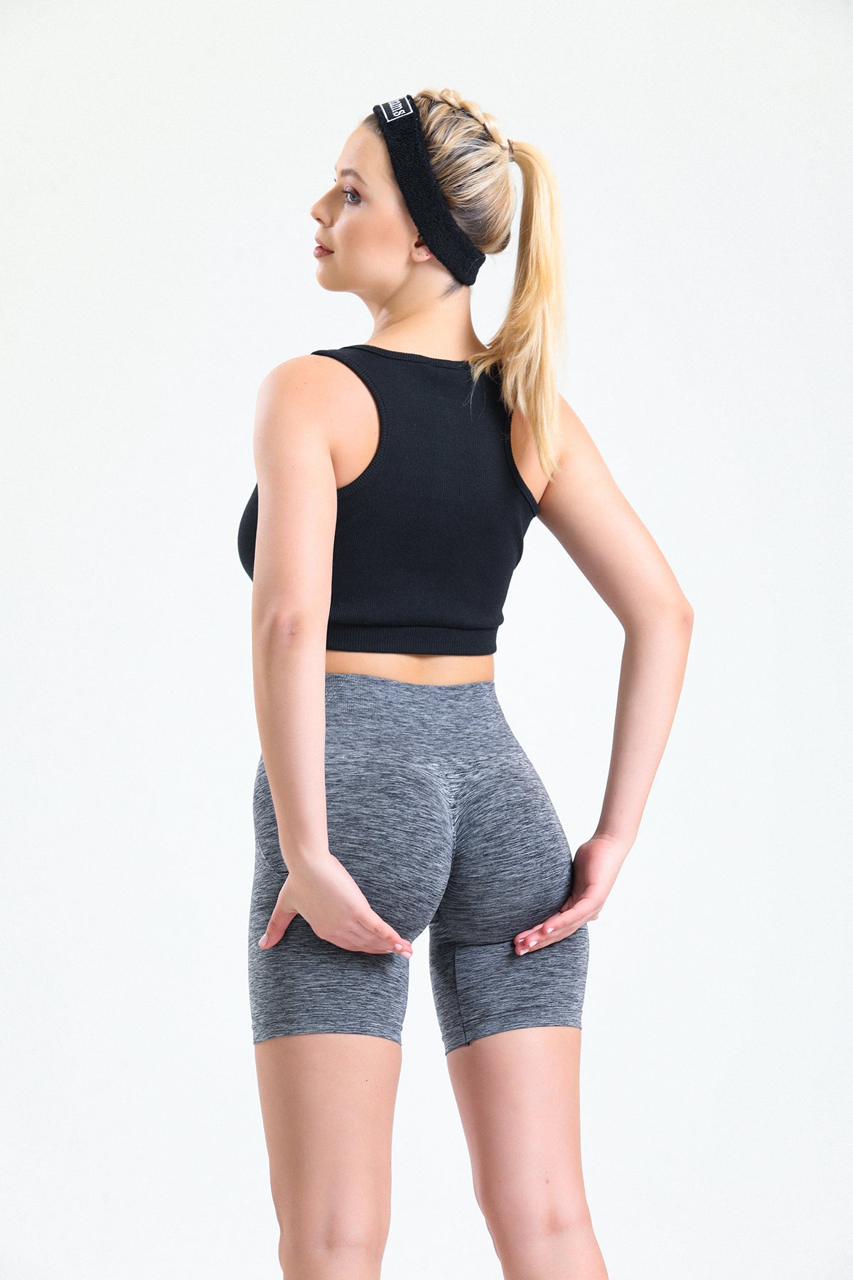 Gri Melanj Biker Boy Büzgülü Toparlayıcı Spor Fitness Yoga Kadın Şort