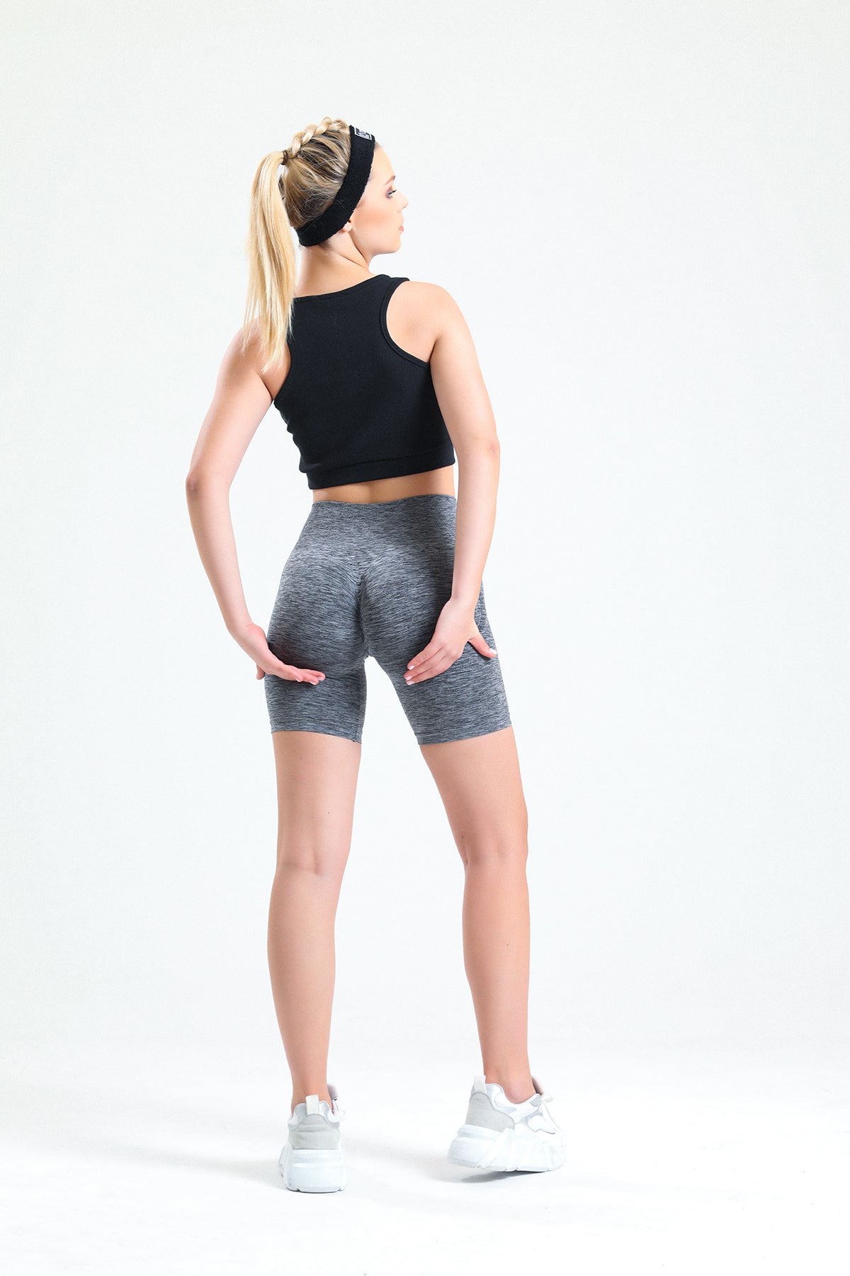 Gri Melanj Biker Boy Büzgülü Toparlayıcı Spor Fitness Yoga Kadın Şort