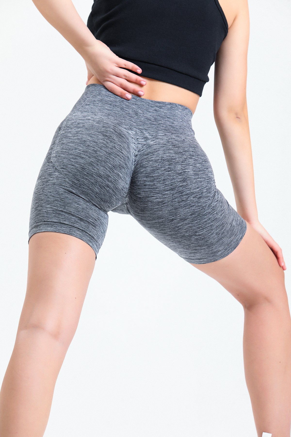Gri Melanj Biker Boy Büzgülü Toparlayıcı Spor Fitness Yoga Kadın Şort