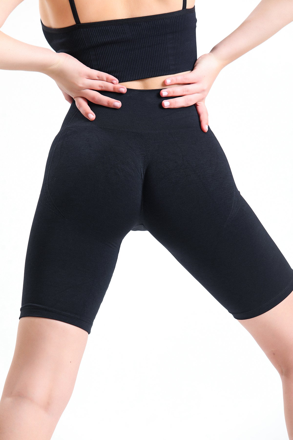 Siyah Biker Boy Büzgülü Toparlayıcı Spor Fitness Yoga Kadın Şort