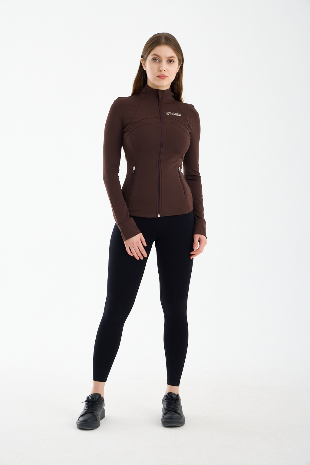 Kahve Kadın Premium Spor Ceket – Uzun Kollu, Fermuarlı, Yoga Pilates Fitness Koşu Antrenman Üstü