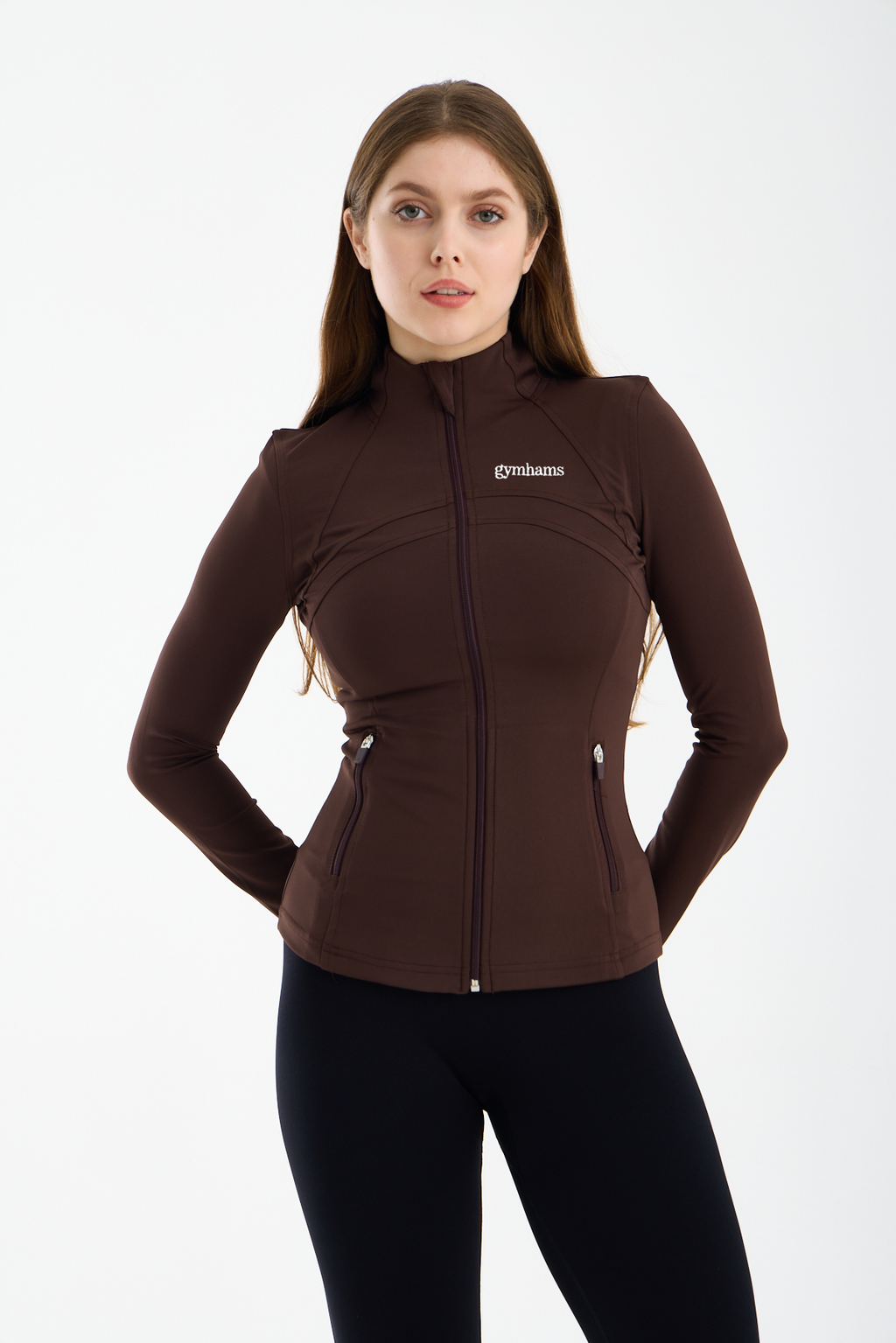 Kahve Kadın Premium Spor Ceket – Uzun Kollu, Fermuarlı, Yoga Pilates Fitness Koşu Antrenman Üstü
