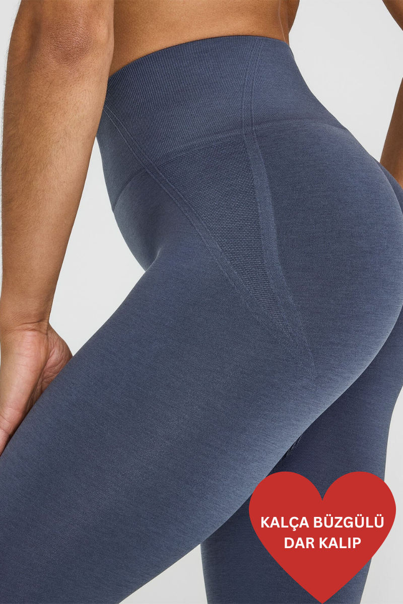 OA Serisi Mavi/Gri Kalçası Büzgülü Push Up Kalça Şekillendirici Seamless Scrunch Likralı Spor  Kadın Tayt