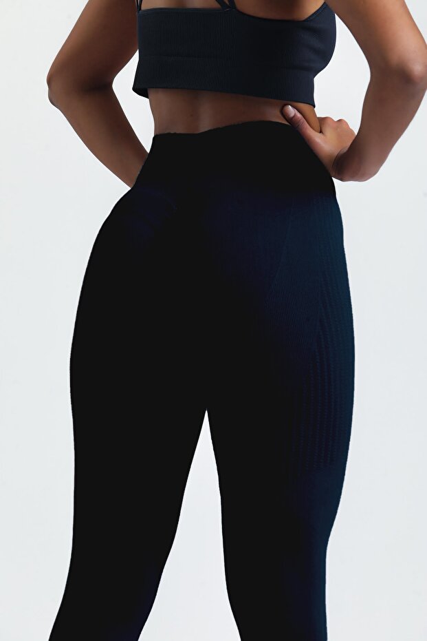 Midnight (Koyu Lacivert/Füme) Kalçası Büzgülü Kalça Şekillendirici Push Up Kadın Spor Tayt