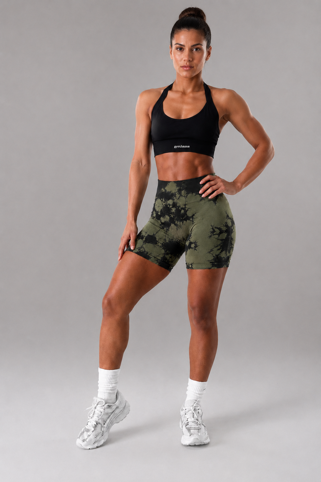 Haki Batik Marble Shorts Kalça Büzgülü BİKER Şort – Push-up Toparlayıcı & Şekillendirici