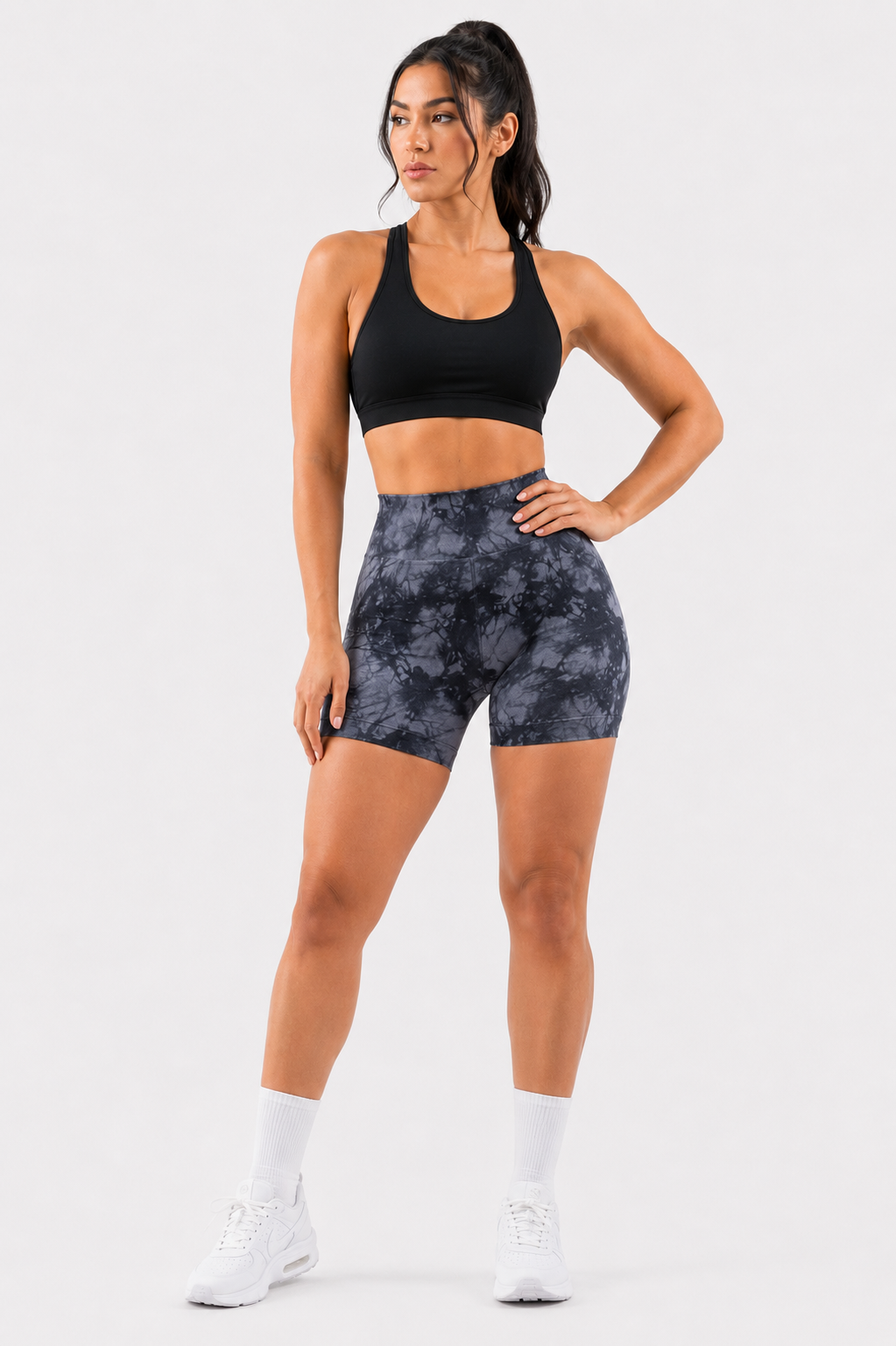 Gri Batik Marble Shorts Kalça Büzgülü BİKER Şort – Push-up Toparlayıcı & Şekillendirici