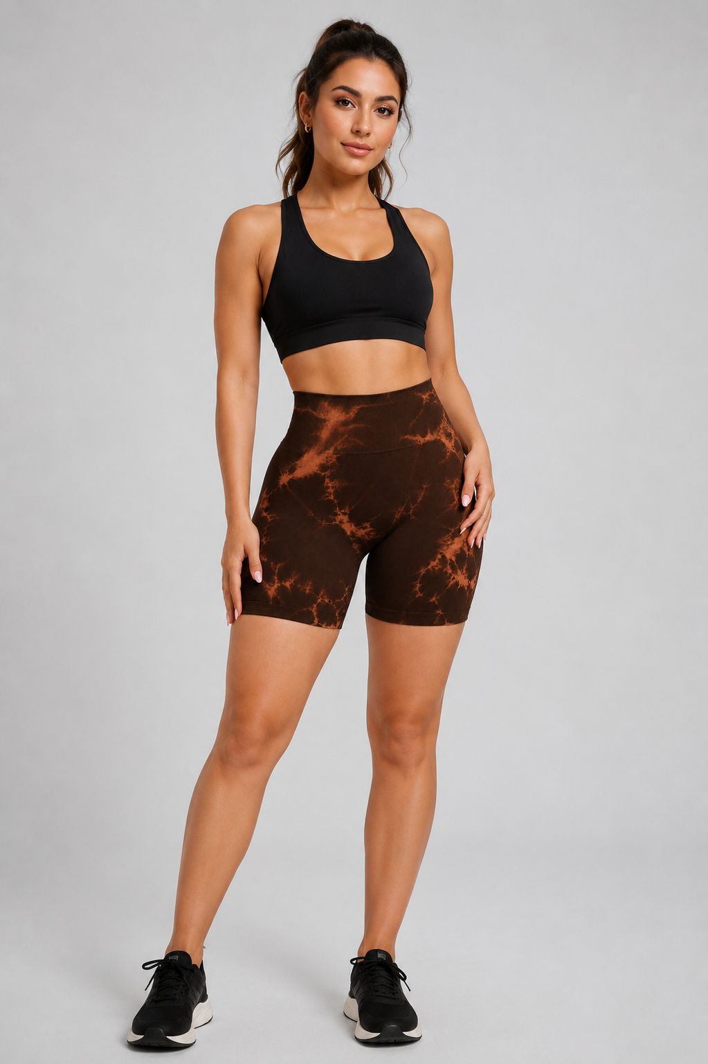 Kahve Batik Marble Shorts Kalça Büzgülü BİKER Şort – Push-up Toparlayıcı & Şekillendirici
