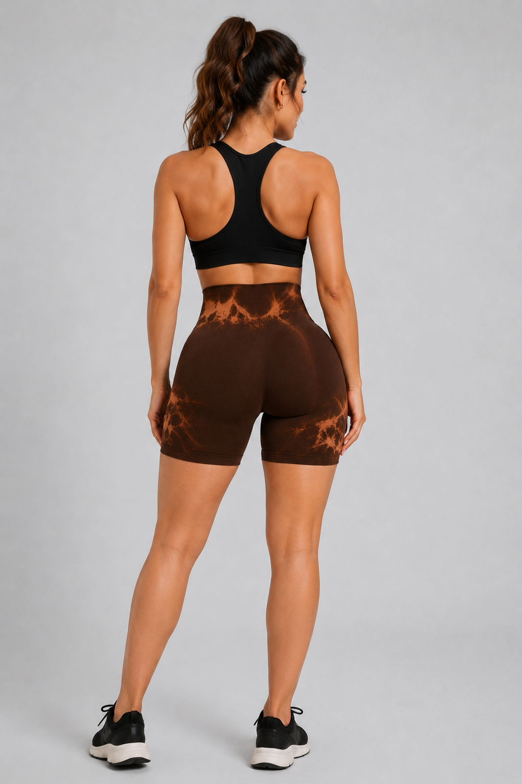 Kahve Batik Marble Shorts Kalça Büzgülü BİKER Şort – Push-up Toparlayıcı & Şekillendirici
