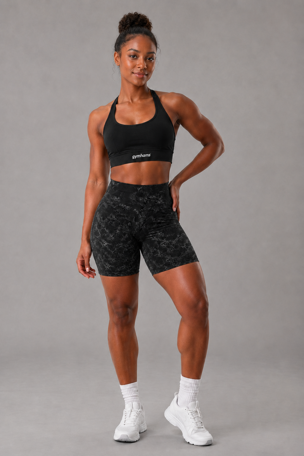 Siyah Asit Marble Shorts Kalça Büzgülü BİKER Şort – Push-up Toparlayıcı & Şekillendirici