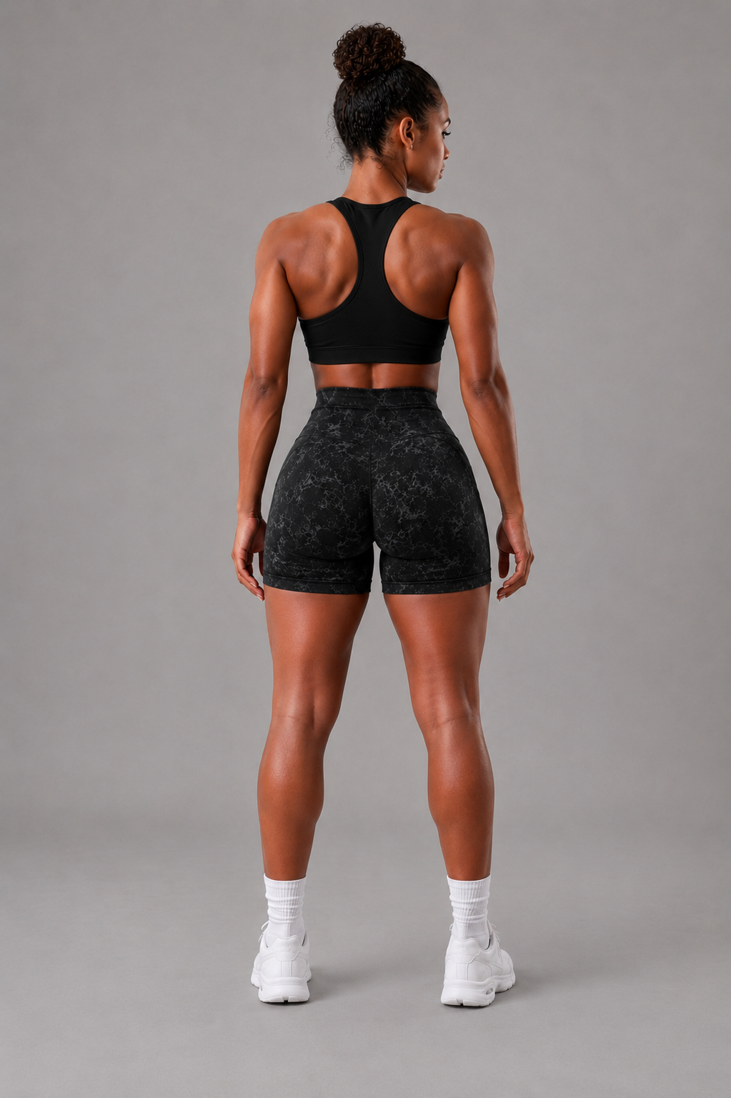 Siyah Asit Marble Shorts Kalça Büzgülü BİKER Şort – Push-up Toparlayıcı & Şekillendirici
