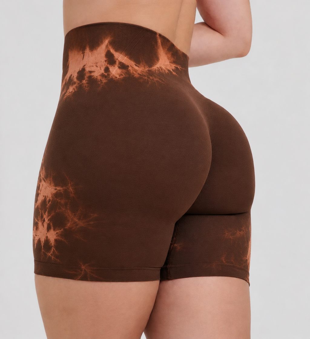 Kahve Batik Marble Shorts Kalça Büzgülü BİKER Şort – Push-up Toparlayıcı & Şekillendirici