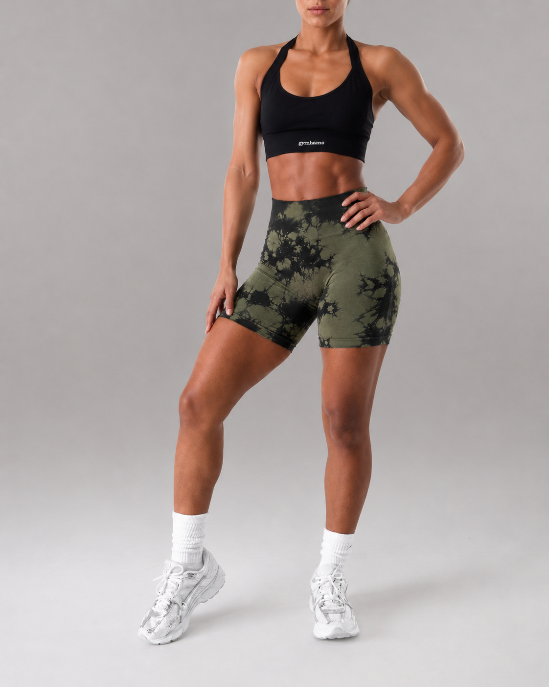 Haki Batik Marble Shorts Kalça Büzgülü BİKER Şort – Push-up Toparlayıcı & Şekillendirici