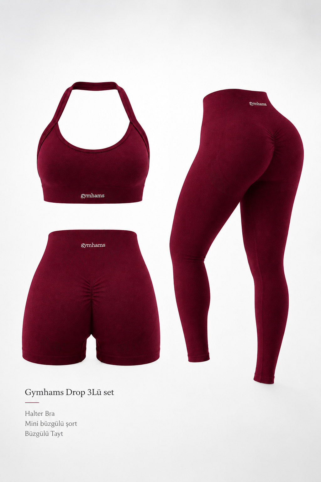 Drop Kadın 3’LÜ Seamless Spor Takım(Halter Yaka Pedli Bra - Büzgülü Push Up Tayt- Mini Şort)