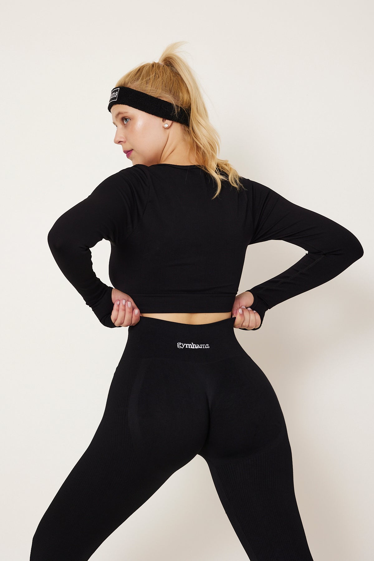 Siyah Gymhams Kalçası Büzgülü Kalça Şekillendirici Push Up Kadın Spor Tayt