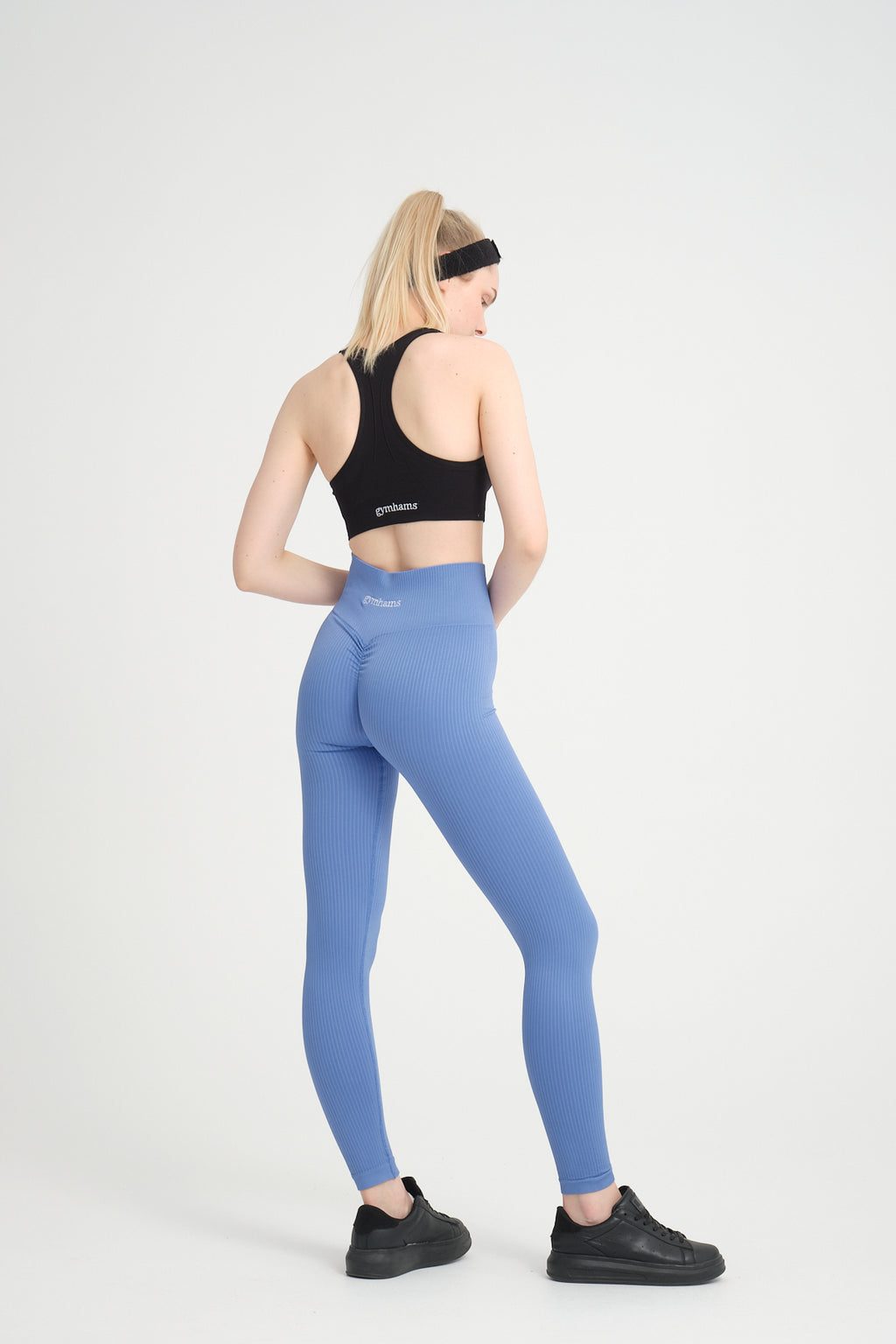 Zambak Serisi Mavi Esnek Yumuşak Fitilli Kalçası Büzgülü Push Up Spor Tayt