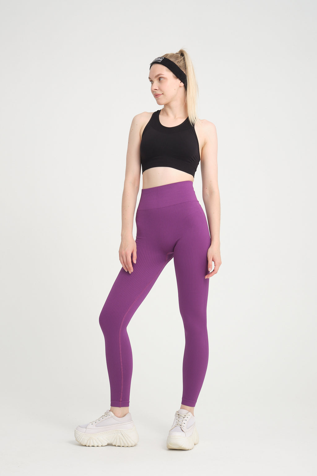 Zambak Serisi Mor Esnek Yumuşak Fitilli Kalçası Büzgülü Push Up Spor Tayt