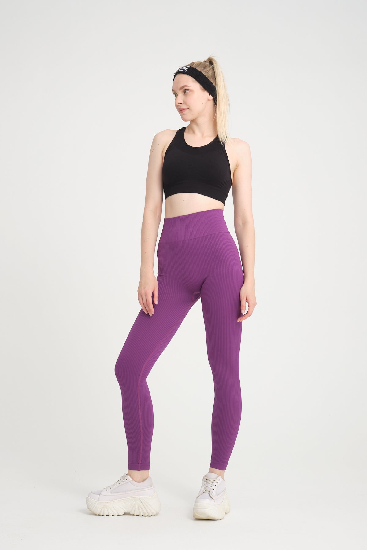 Zambak Serisi Mor Esnek Yumuşak Fitilli Kalçası Büzgülü Push Up Spor Tayt