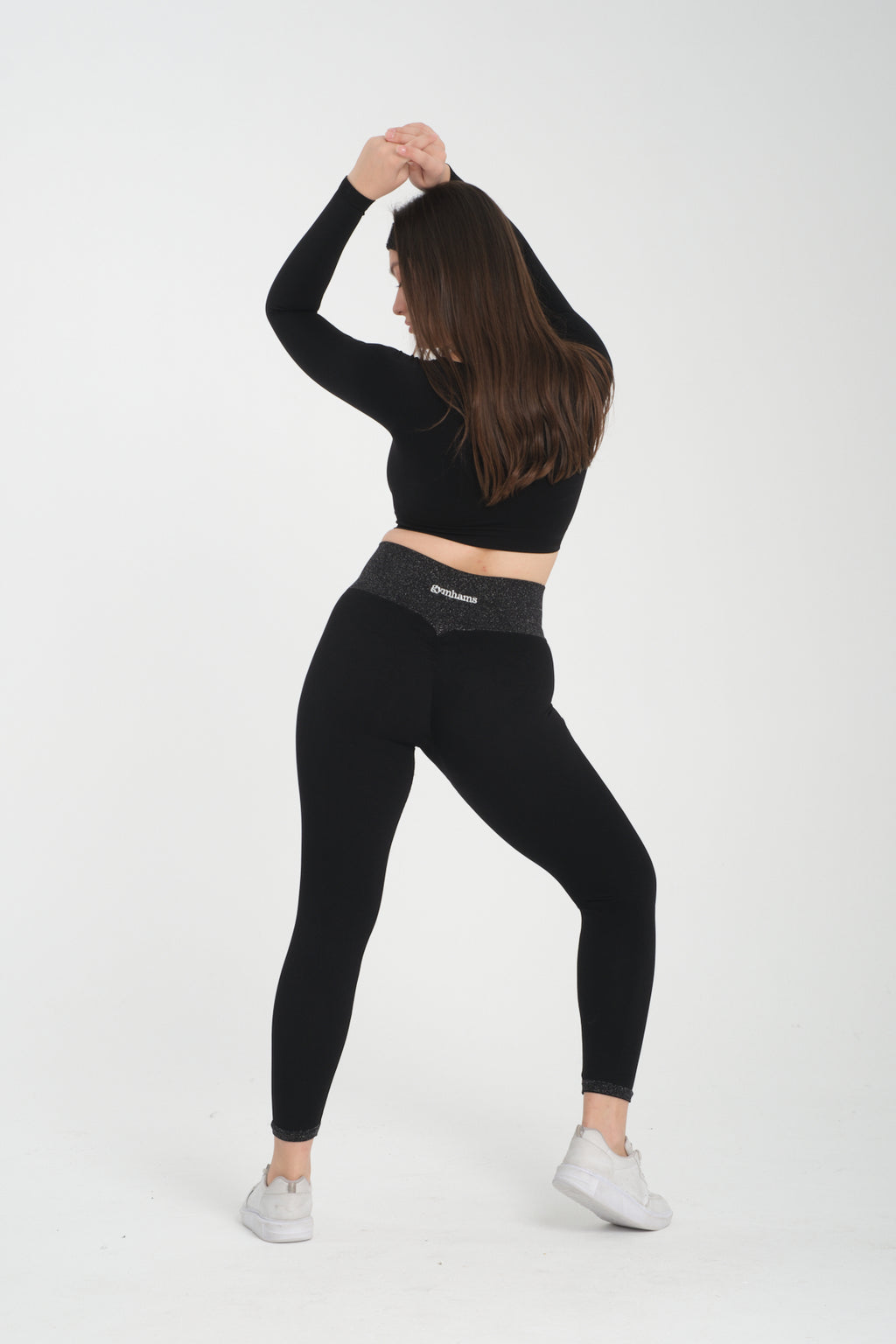 Simli Kemer Detaytlı Siyah Kalçası Büzgülü Kalça Şekillendirici Push Up Kadın Spor Tayt