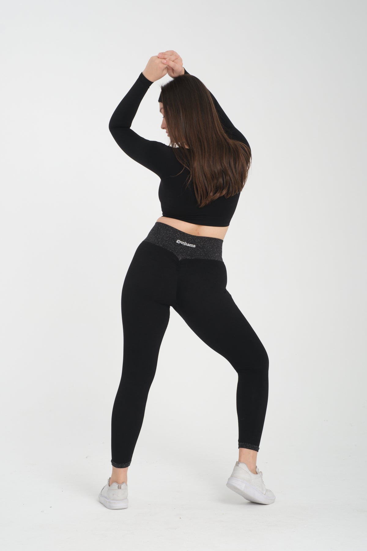 Simli Kemer Detaytlı Siyah Kalçası Büzgülü Kalça Şekillendirici Push Up Kadın Spor Tayt