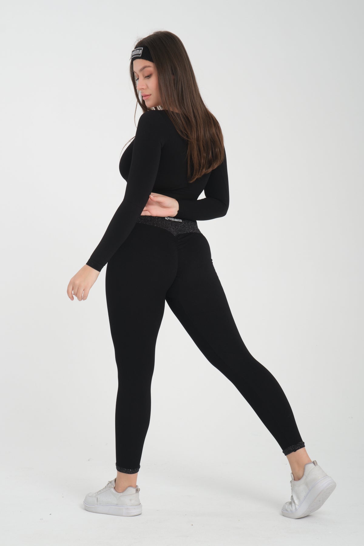 Simli Kemer Detaytlı Siyah Kalçası Büzgülü Kalça Şekillendirici Push Up Kadın Spor Tayt