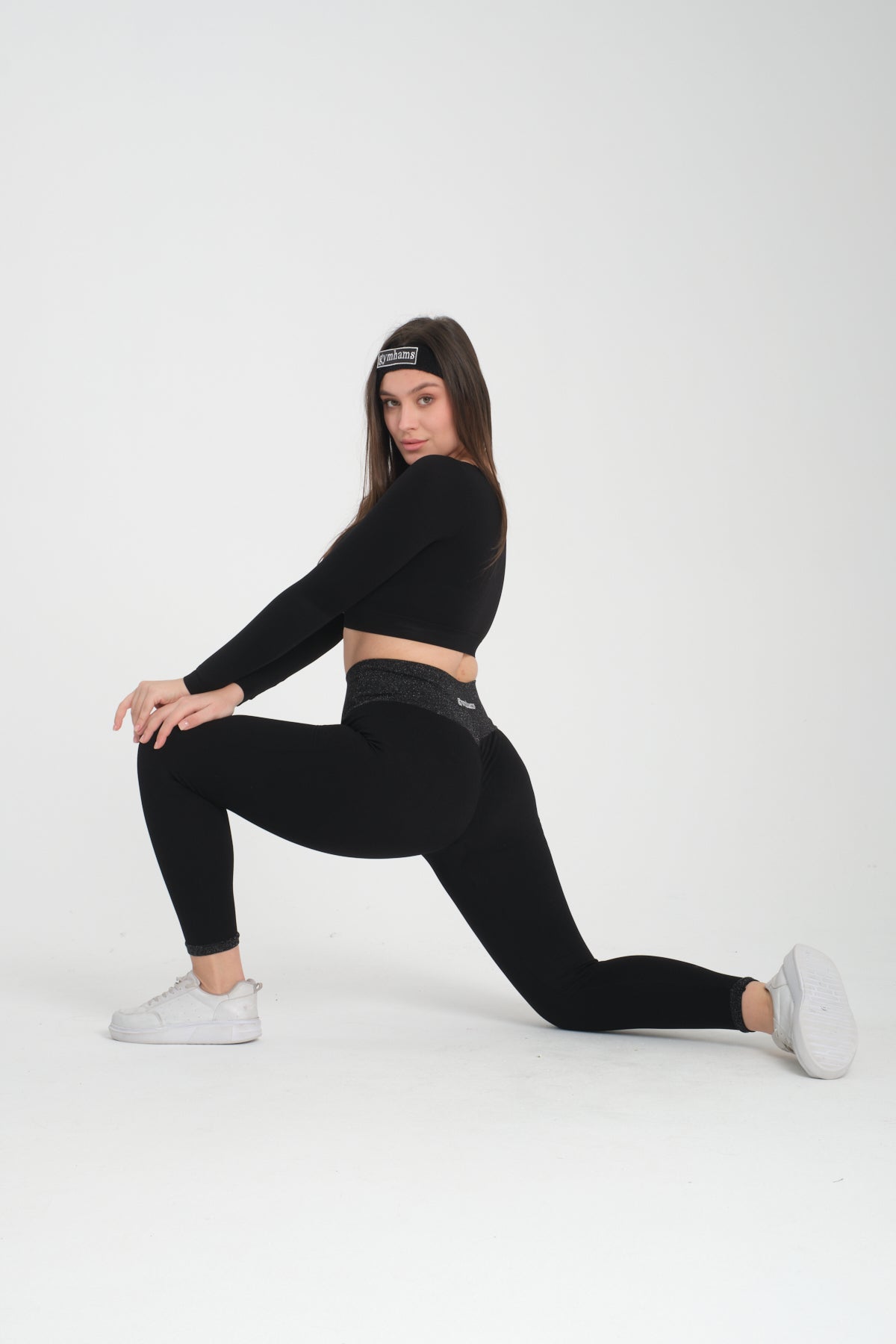 Simli Kemer Detaytlı Siyah Kalçası Büzgülü Kalça Şekillendirici Push Up Kadın Spor Tayt