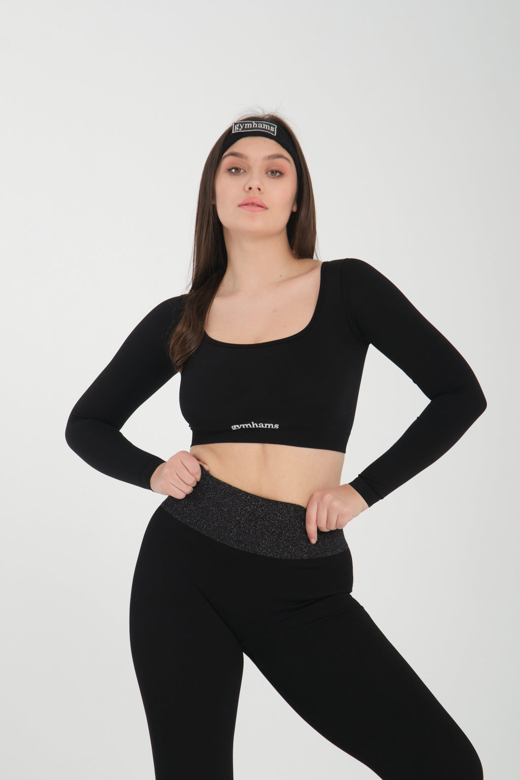 Siyah Uzun Kollu Seamless Spor Fitness Yoga Kadın Crop Top-Sporcu Üst