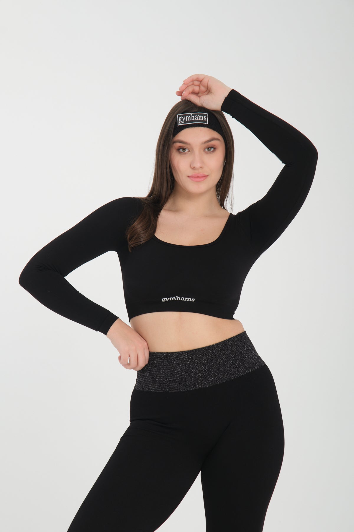 Siyah Uzun Kollu Seamless Spor Fitness Yoga Kadın Crop Top-Sporcu Üst