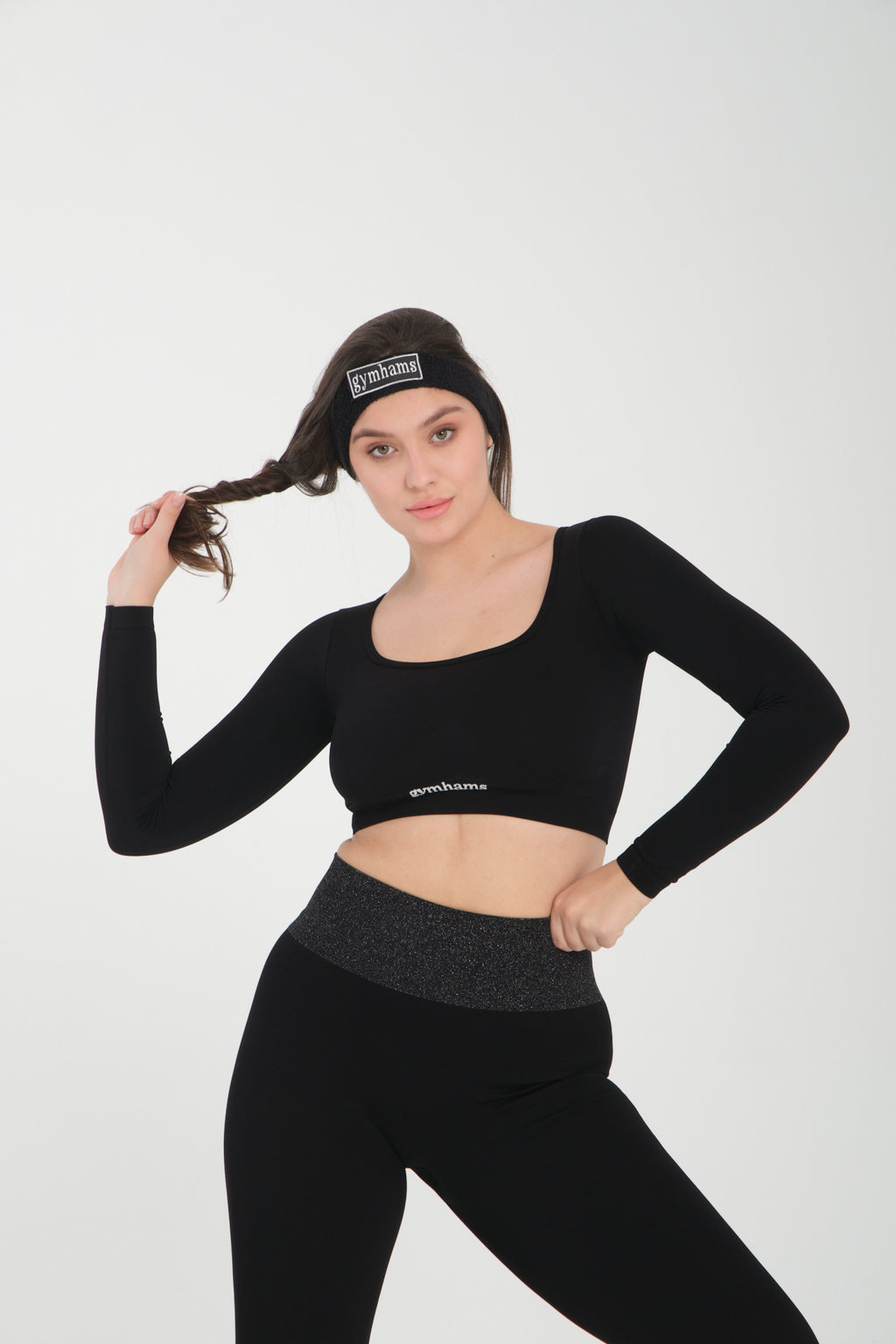Siyah Uzun Kollu Seamless Spor Fitness Yoga Kadın Crop Top-Sporcu Üst