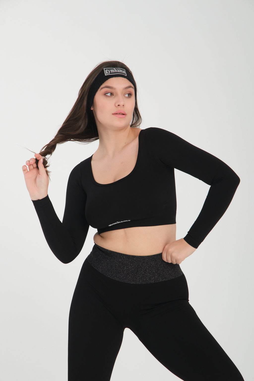 Siyah Uzun Kollu Seamless Spor Fitness Yoga Kadın Crop Top-Sporcu Üst
