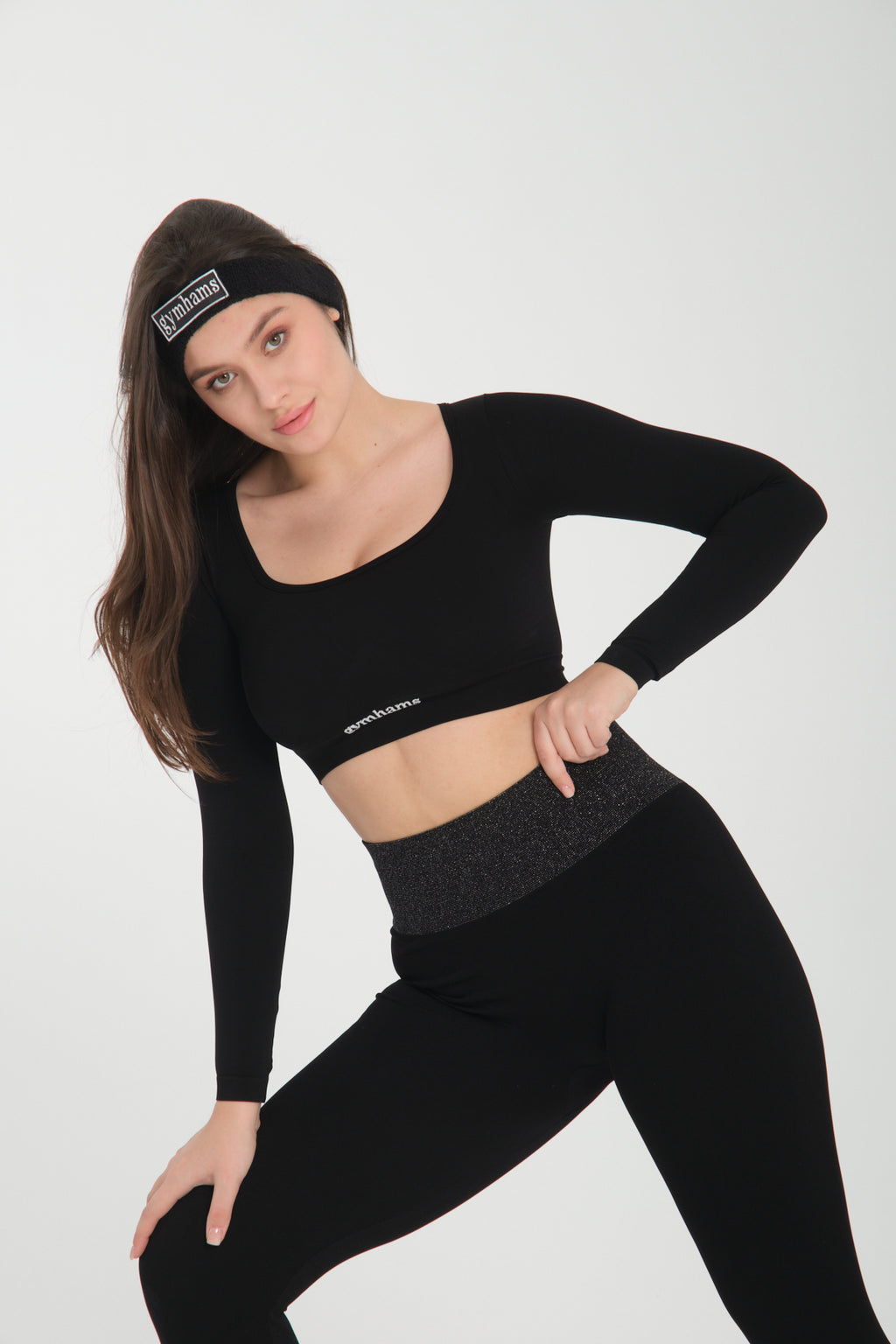 Siyah Uzun Kollu Seamless Spor Fitness Yoga Kadın Crop Top-Sporcu Üst