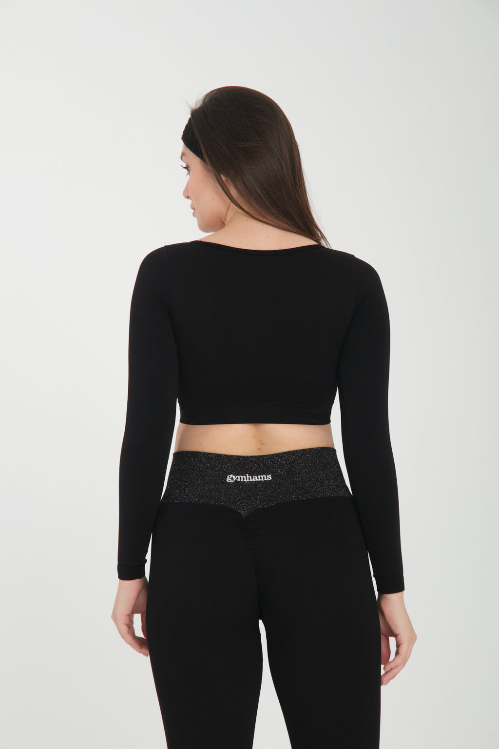 Siyah Uzun Kollu Seamless Spor Fitness Yoga Kadın Crop Top-Sporcu Üst