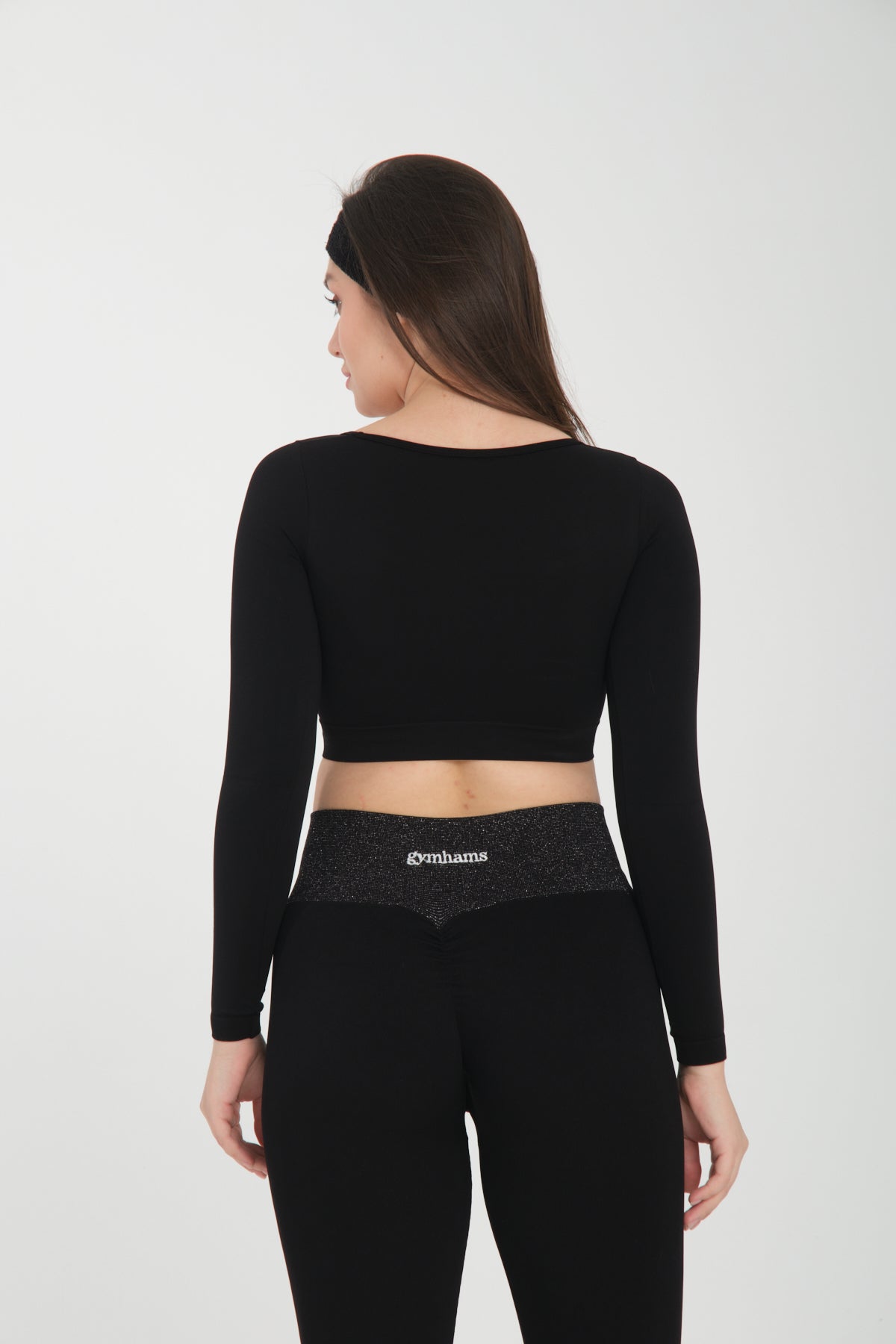 Siyah Uzun Kollu Seamless Spor Fitness Yoga Kadın Crop Top-Sporcu Üst