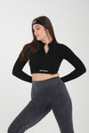 Fermuarlı Siyah Uzun Kollu Parmak Geçirmeli Seamless Spor Fitness Yoga Kadın Crop Top-Sporcu Üst